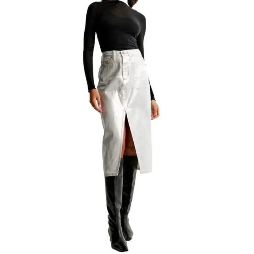 Abercrombie & Fitch Metallic Denim Midi Skirt